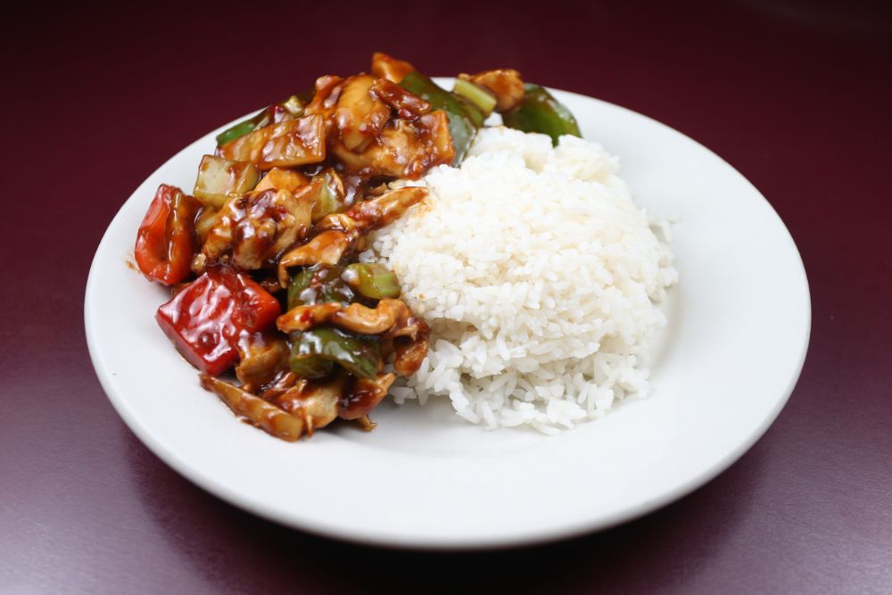 19. general tso’s chicken (not crispy, see 23), boiled white rice <img title='Spicy & Hot' align='absmiddle' src='/css/spicy.png' />